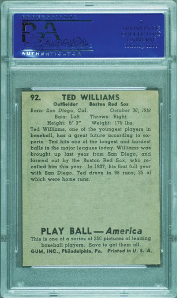 1939 Play Ball Ted Williams No. 92 PSA 3 (MK)