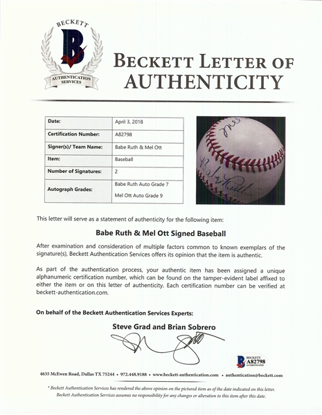 Stunning Babe Ruth & Mel Ott Dual-Signed ONL Baseball (JSA) (Ruth Graded BAS 7) (Ott Graded BAS 9)