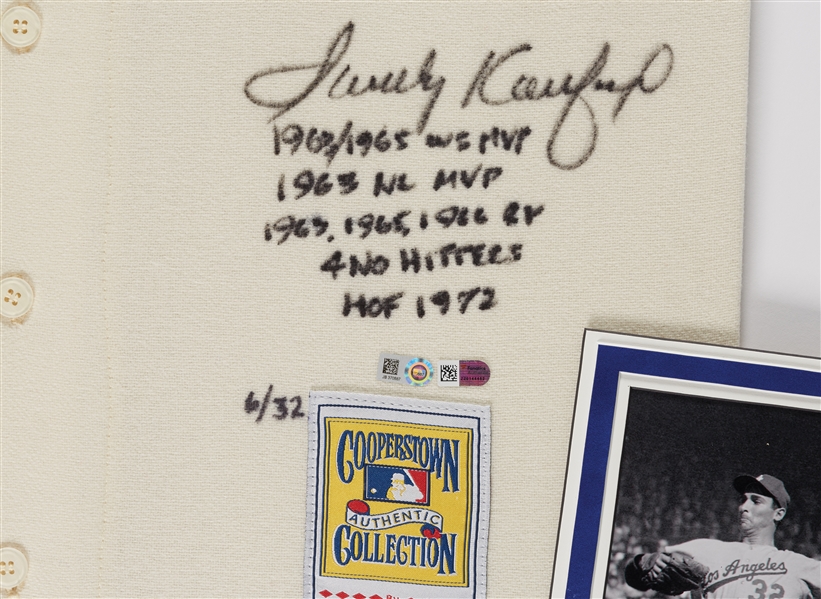 Sandy Koufax Signed Dodgers Flannel Mitchell & Ness Jersey in Frame with Multiple Inscriptions (6/32) (MLB)
