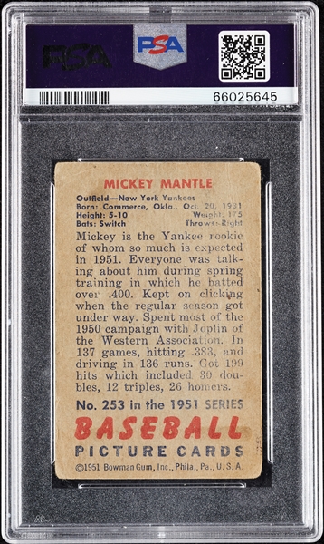 1951 Bowman Mickey Mantle RC No. 253 PSA 1.5