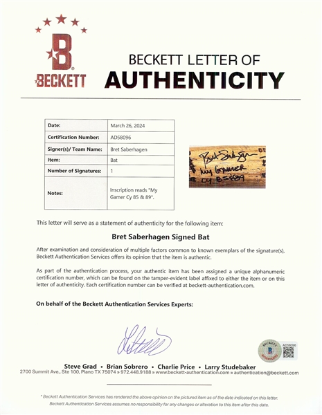 Bret Saberhagen 1994-95 Game-Used & Signed Louisville Slugger Bat My Gamer CY 85&89 (BAS)