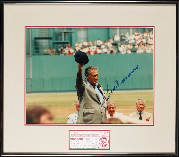 Ted Williams Signed 11x14 Photo with 50th Anniversary of .406 Ticket Framed Display (BAS)
