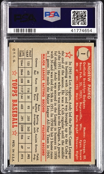 1952 Topps Andy Pafko Red Back No. 1 PSA 3