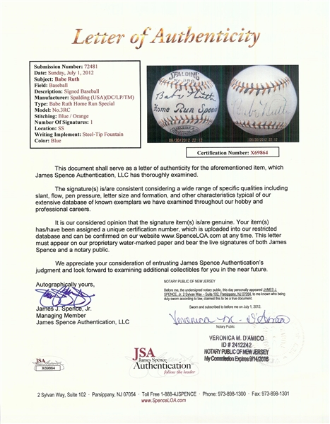 Babe Ruth Single-Signed Spalding Home Run Special Baseball (Graded PSA/DNA 6.5) (AUTO 6) (BAS)