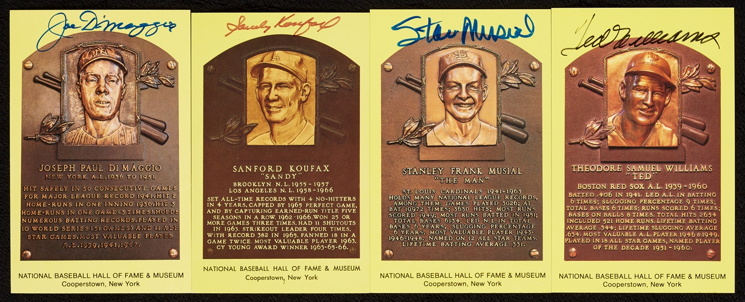 Signed Yellow HOF Plaque Postcards Group DiMaggio, Koufax, Williams, Musial (4)