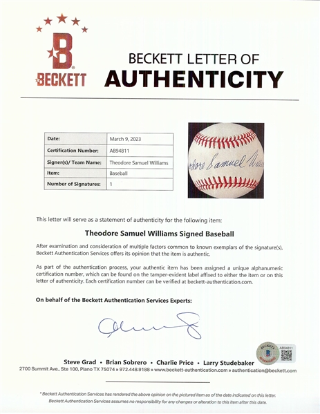 Theodore Samuel Williams Single-Signed OAL Full-Name Baseball (Graded PSA/DNA 9) (BAS)