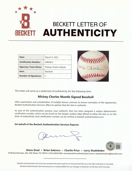 Mickey Charles Mantle Single-Signed OAL Full-Name Baseball (PSA/DNA) (BAS)