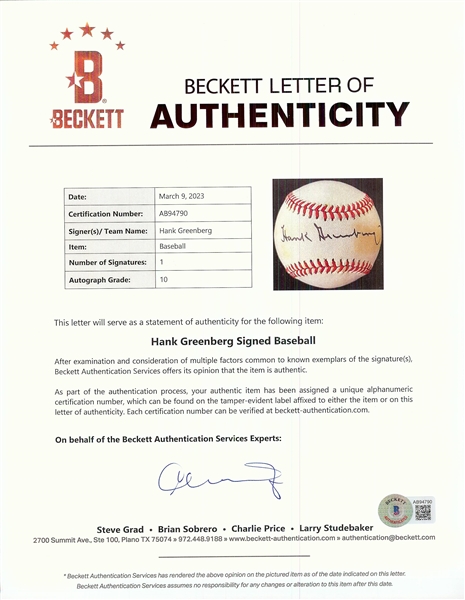 Hank Greenberg Single-Signed Rawlings Baseball (JSA) (Graded BAS 10)
