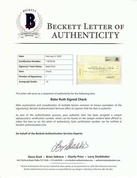 Babe Ruth Signed Check (January 21, 1946) (Graded BAS 10)