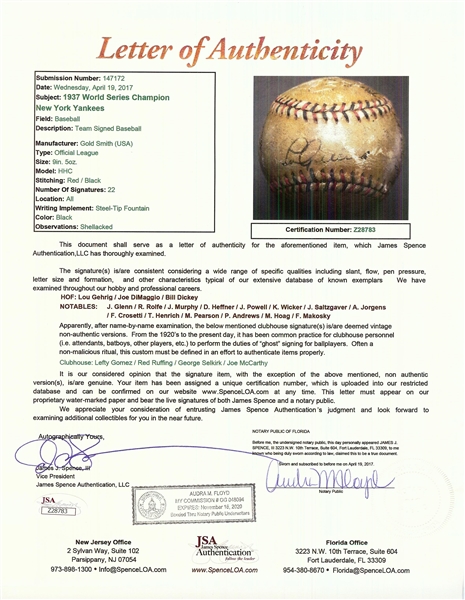 1937 New York Yankees World Champs Team-Signed Baseball with Lou Gehrig SS (JSA)