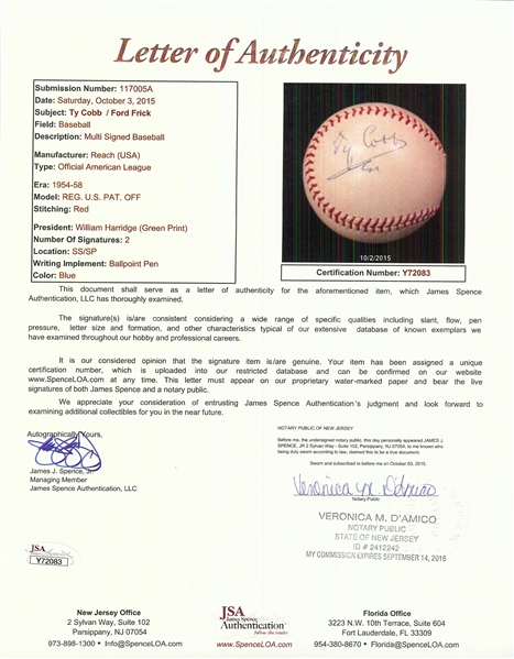Ty Cobb & Ford Frick Dual-Signed OAL Baseball - Cobb Displays as Single-Signed (JSA)