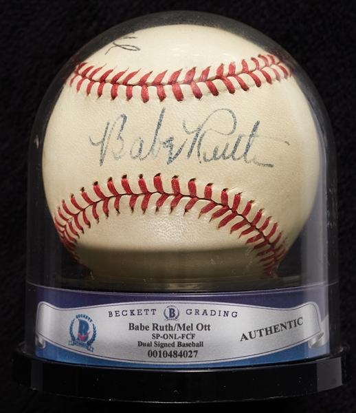 Stunning Babe Ruth & Mel Ott Dual-Signed ONL Baseball (JSA) (Ruth Graded BAS 7) (Ott Graded BAS 9)