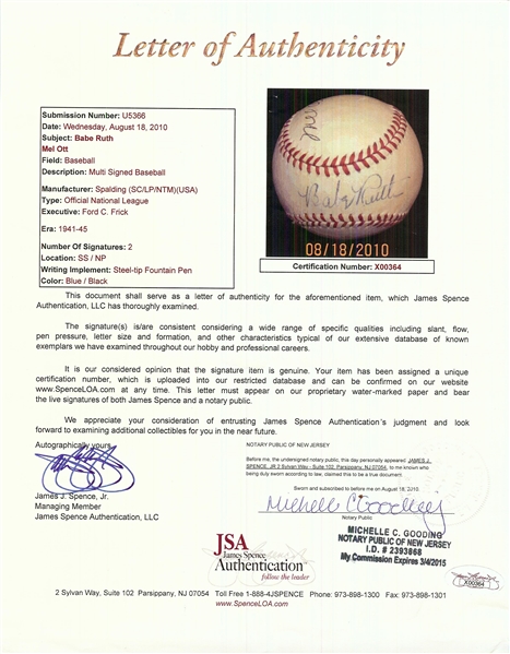 Stunning Babe Ruth & Mel Ott Dual-Signed ONL Baseball (JSA) (Ruth Graded BAS 7) (Ott Graded BAS 9)