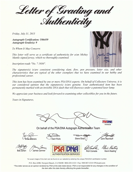 Mickey Mantle Signed Yankees Flannel Mitchell & Ness Jersey in Frame No. 7 1956 (Graded PSA/DNA 9)