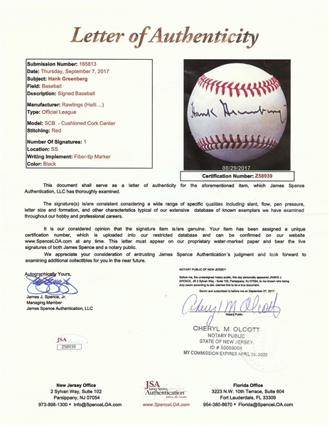 Hank Greenberg Single-Signed Rawlings Baseball (JSA) (Graded BAS 10)