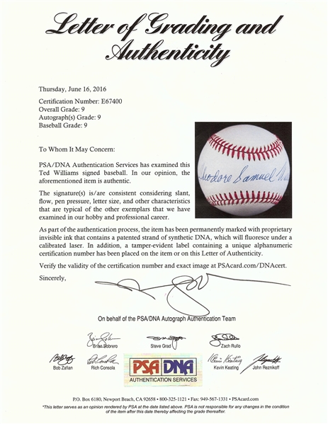 Theodore Samuel Williams Single-Signed OAL Full-Name Baseball (Graded PSA/DNA 9) (BAS)