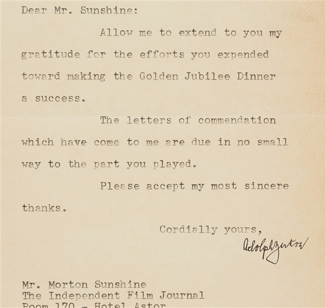 Adolph Pops Zukor Signed Typed Letter (1953) (Graded PSA/DNA 10)