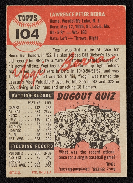 1953 Topps Yogi Berra No. 104 (Shortprint) EX