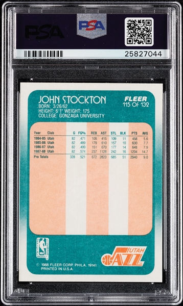 1988 Fleer John Stockton RC No. 115 PSA 10