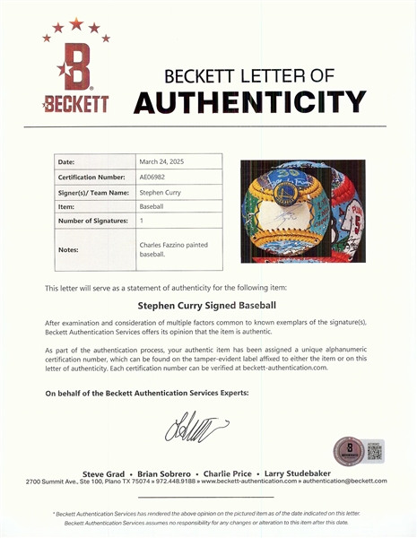 Stephen Curry Single-Signed Charles Fazzino Hand-Painted Baseball (Fanatics) (BAS)