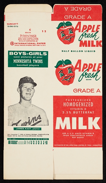 1962 Minnesota Twins Apple Fresh Dairy Complete Milk Carton of Jim Kaat