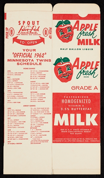 1962 Minnesota Twins Apple Fresh Dairy Complete Milk Carton of Jim Kaat