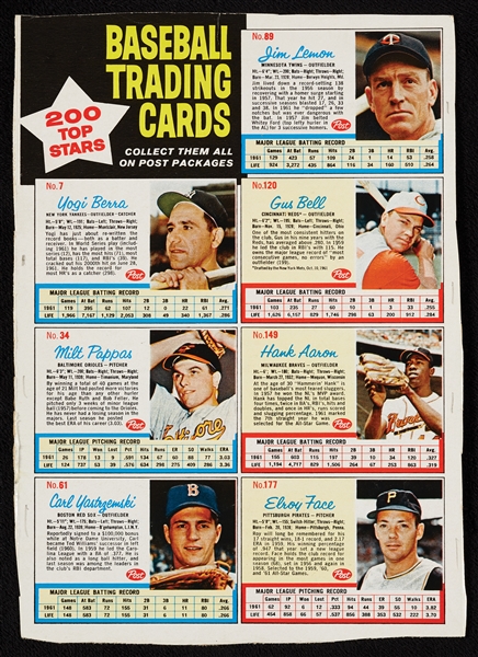 1962 Post Cereal Baseball Near Set in Uncut Panels With Extras (248)
