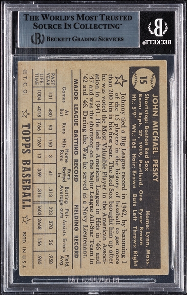 Johnny Pesky Signed 1952 Topps No. 15 (BAS)