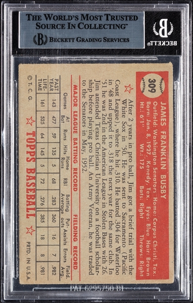 Jim Busby Signed 1952 Topps No. 309 (BAS)