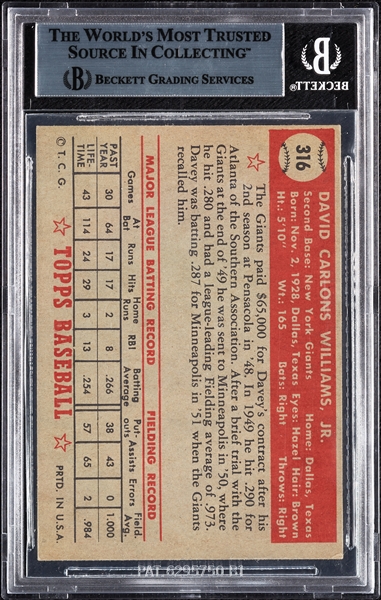 Davey Williams Signed 1952 Topps No. 316 (BAS)
