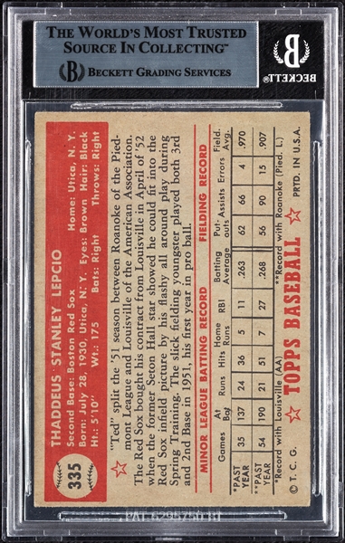 Ted Lepcio Signed 1952 Topps No. 335 (BAS)