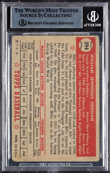 Billy Herman Signed 1952 Topps No. 394 (BAS)