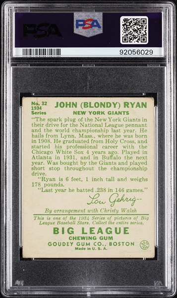 1934 Goudey Blondy Ryan No. 32 PSA 4
