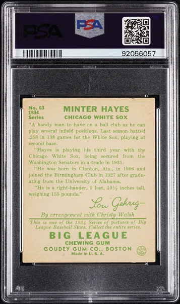 1934 Goudey Minter Hayes No. 63 PSA 5