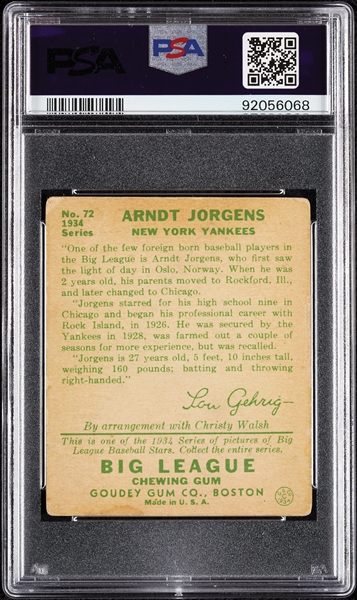 1934 Goudey Arndt Jorgens No. 72 PSA 1.5