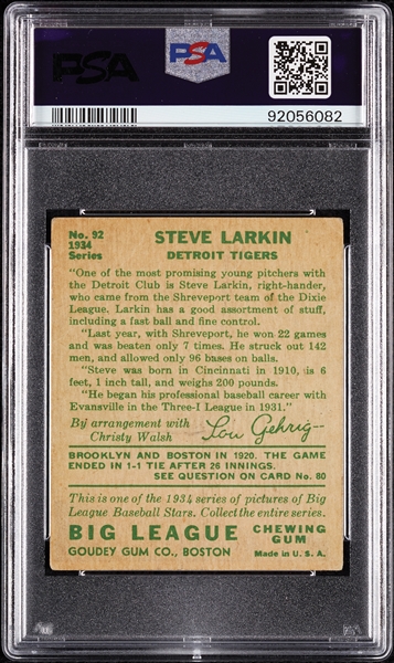 1934 Goudey Steve Larkin No. 92 PSA 1.5