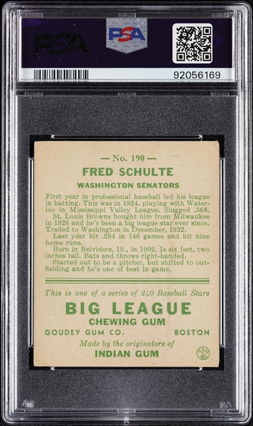 1933 Goudey Fred Schulte No. 190 PSA 2