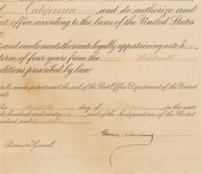 Grover Cleveland Signed Presidential Document (1896) (BAS)