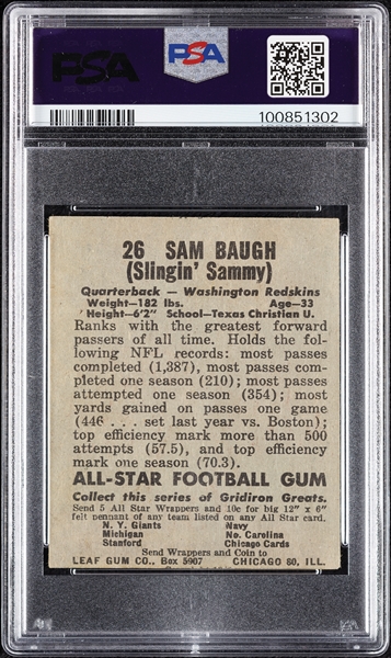 1949 Leaf Sammy Baugh No. 26 PSA 3
