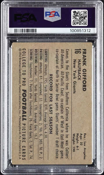 1952 Bowman Large Frank Gifford No. 16 PSA 2