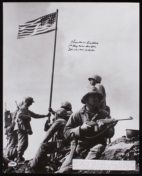 Charles W. Lindberg Signed 16x20 Photo 1st Flag Raiser, Iwo Jima, Feb. 23, 1945, 10:30 AM (PSA/DNA)