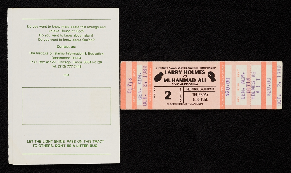Muhammad Ali Signed 1980 Closed Circuit Ticket & Islamic Pamphlet Pair (2)
