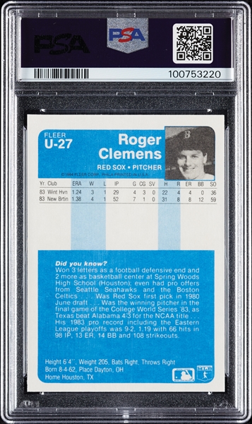 1984 Fleer Update Roger Clemens RC No. U27 PSA 8